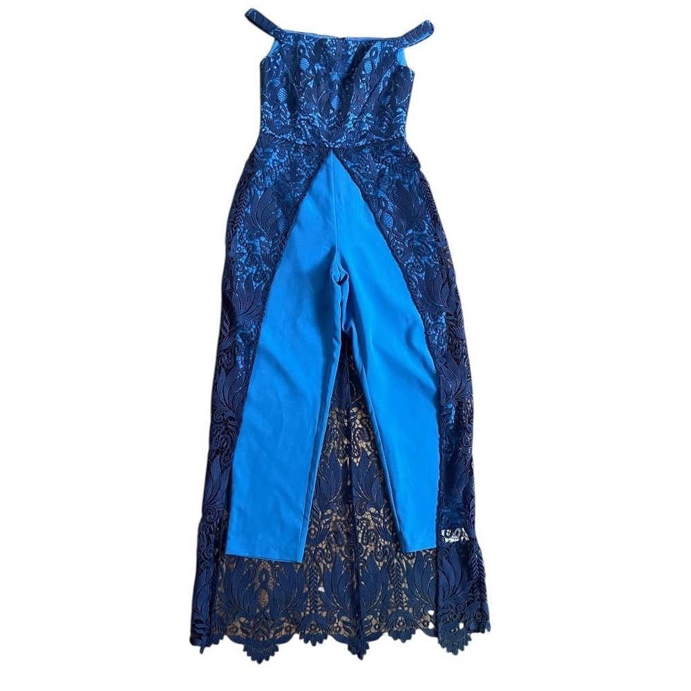 Kay Unger Floral Lace Cape Jumpsuit womens 4 Blue Corset wedding party cocktail